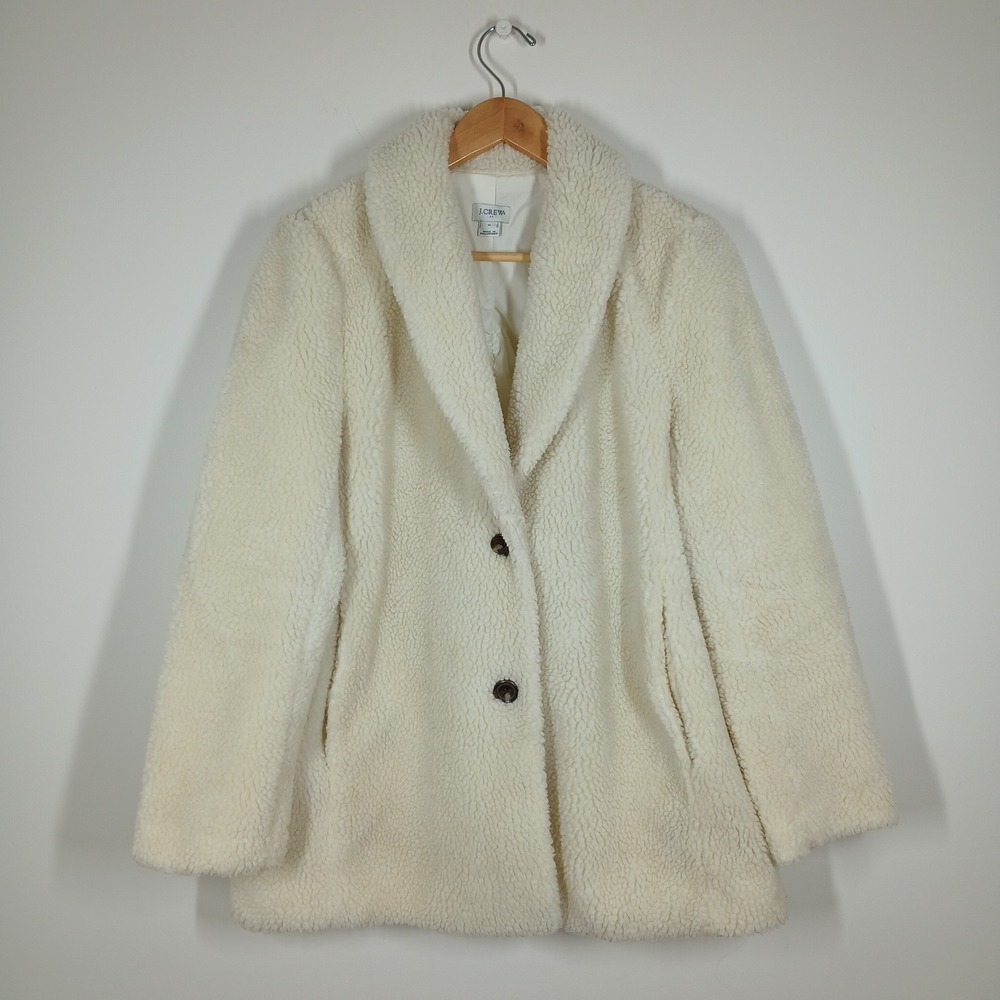 J.Crew Teddy Coat Women Medium Cream Sherpa Fleece Shawl Collar Button Jacket